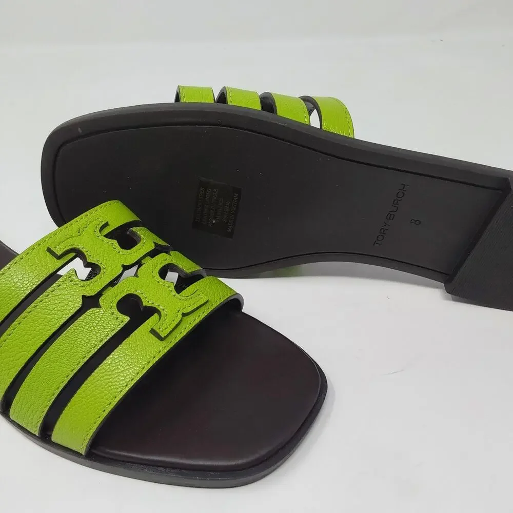 Tory Burch Ines Cage Slide Sandals Light Chartreuse Cocoa Leather US 8